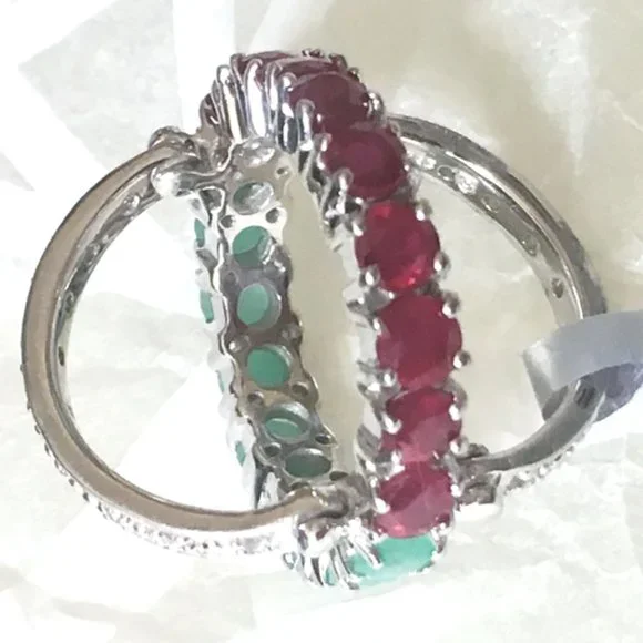 REVERSIBLE Emerald & Ruby Ring .925 Sterling Silver Genuine Gemstones - Picture 6 of 9